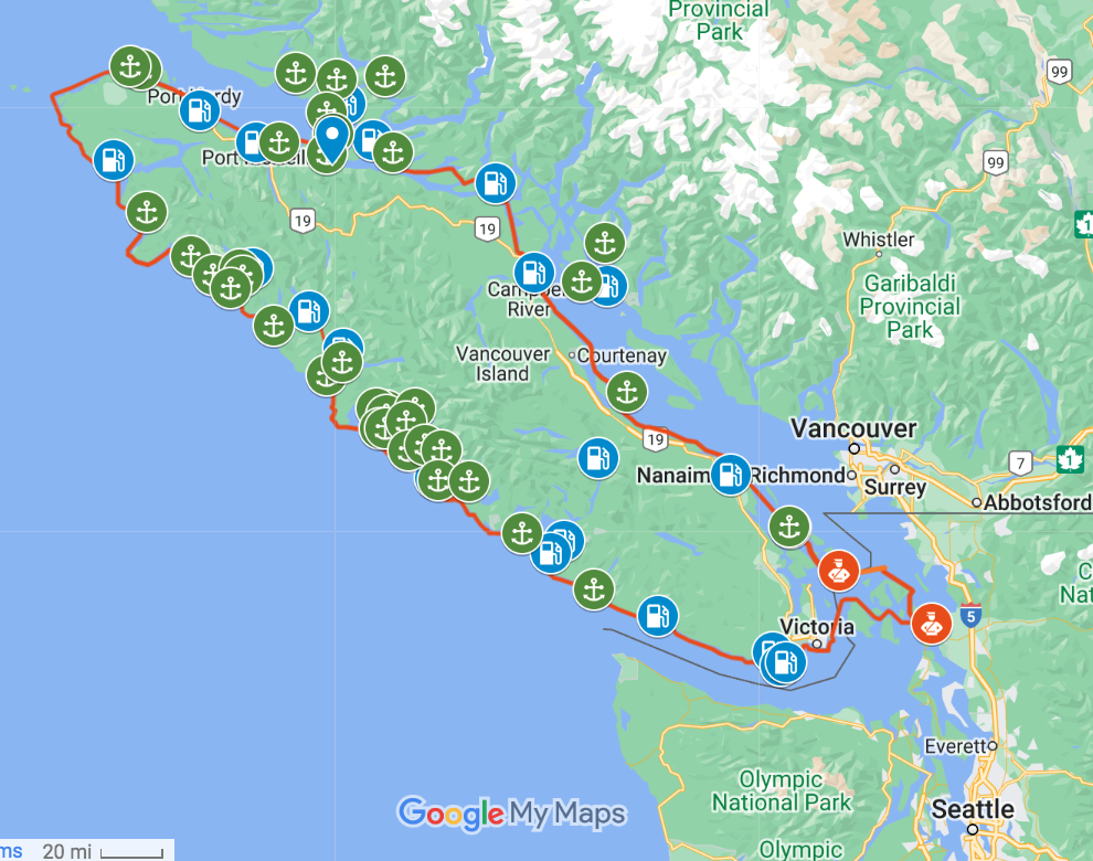 Click map for Osprey's proposed route around Vancouver Island